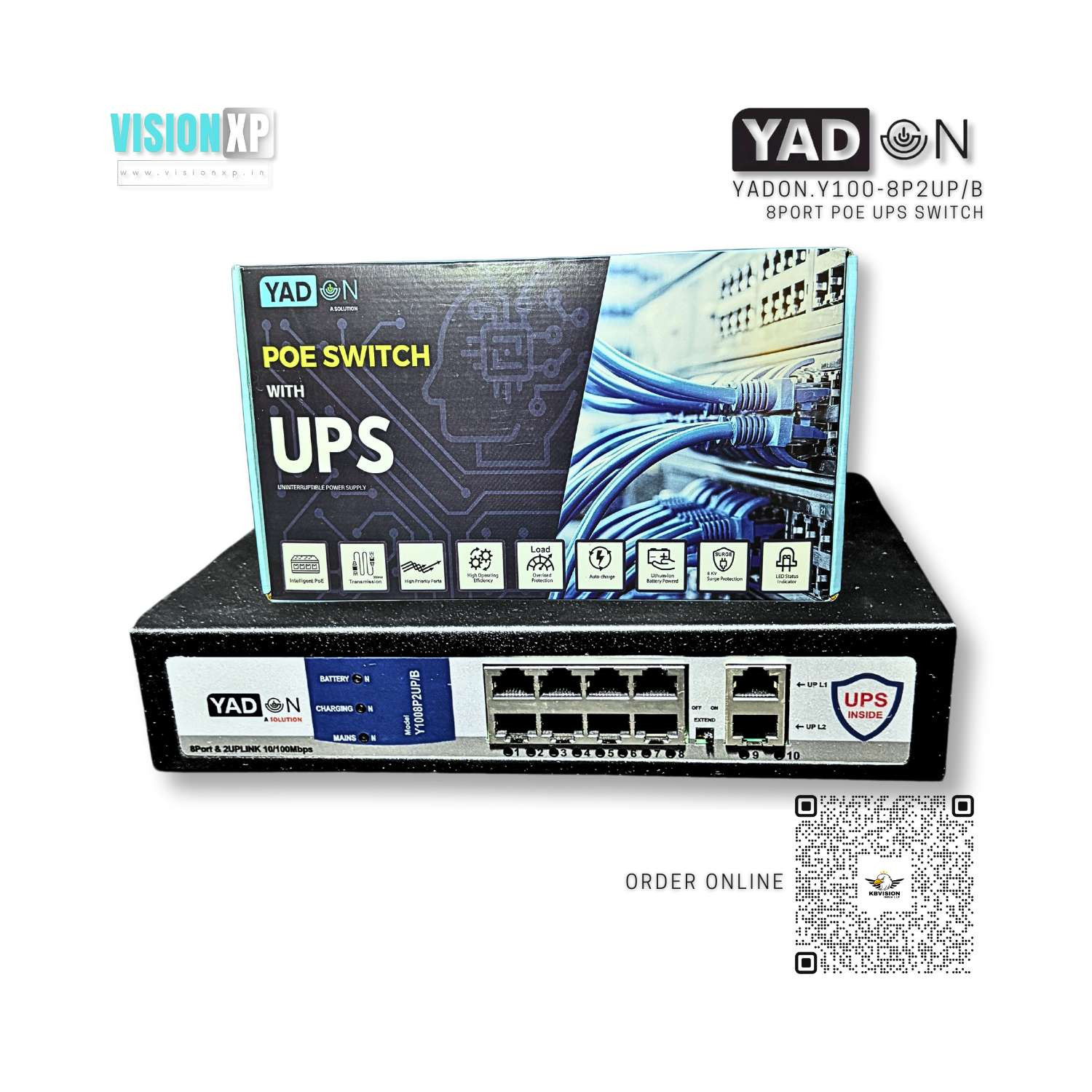 Yadon Y100-8P2UP/B 8port POE Network Switch with Built in UPS